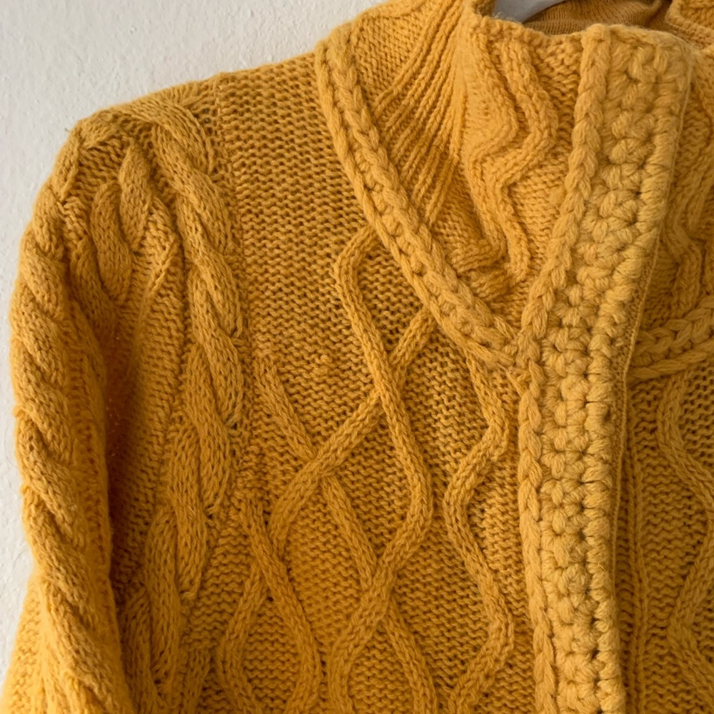 Cozy mustard knitted cardigan tunic-length with mock-neck and pockets
